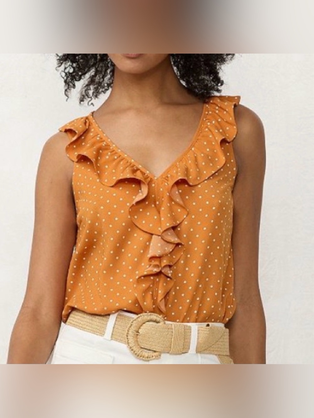 LC Lauren Conrad Mustard Polka Dot Ruffle V-Neck Sleeveless Blouse Large